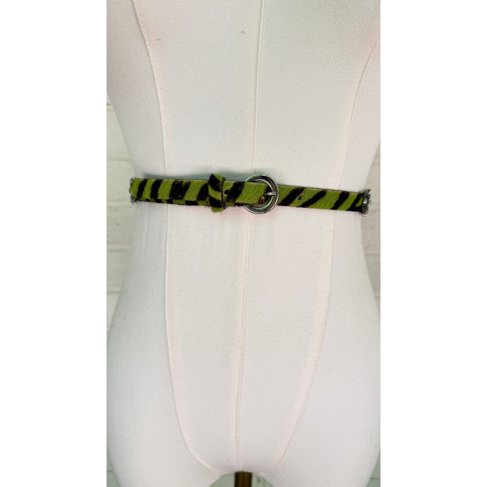 Carlisle Green Zebra Calf Hair Leather Skinny Belt Silver Hardware Large - Picture 8 of 10